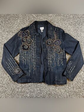Chicos Beaded Floral Denim Jacket Womens Sz 1 US 8-10 (M) Blue Sequin Jean Shirt